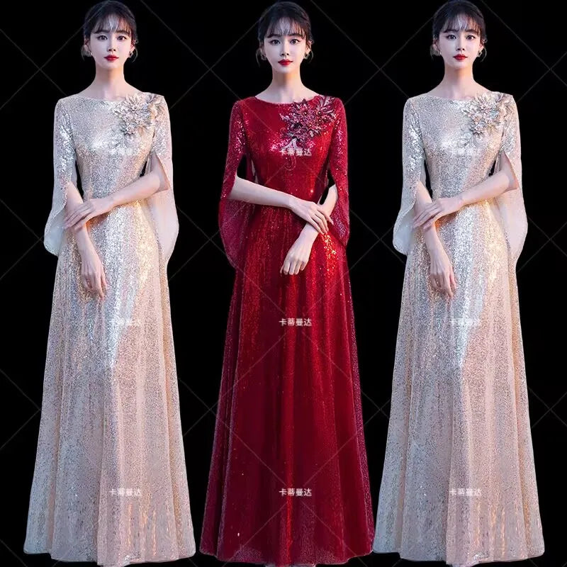 Wine Red Bride's Toast Dress, Women's 2025 New Style Spring Wedding and Engagement Dress, Sequined, Elegant and Grand Evening Dr