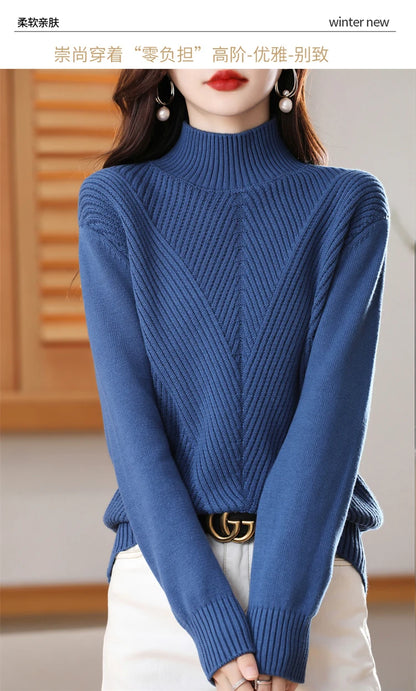Women 100% Cotton Knit Sweater Half-high Collar Stripe Pullover Autumn Winter Thickened Bottoming Clothing Casual Knitted Tops
