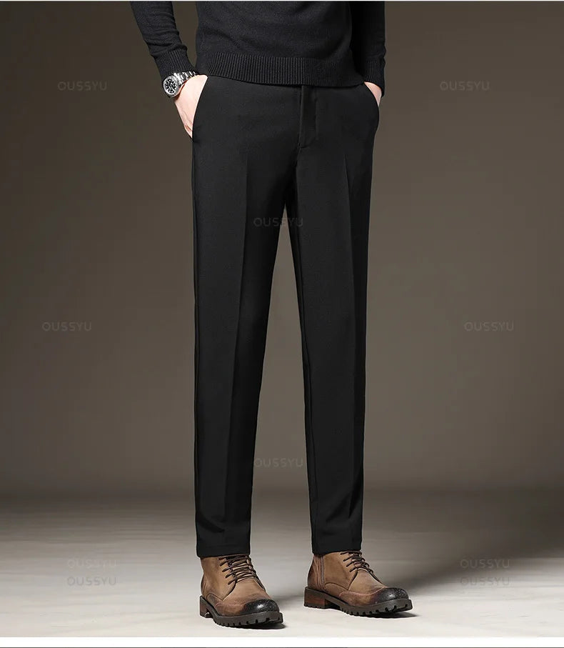 Autumn Winter Men‘s Suit Pants Slim Business Office Elastic Waist Black Grey Classic Pant Korean Trousers Male Plus Size 28-38