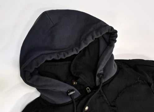 MWJLPWQ Fake Two Pieces Retro Distressed Hooded Cotton Jacket Men's New High Street Zipper Washed Hiphop Padded Winter 010528