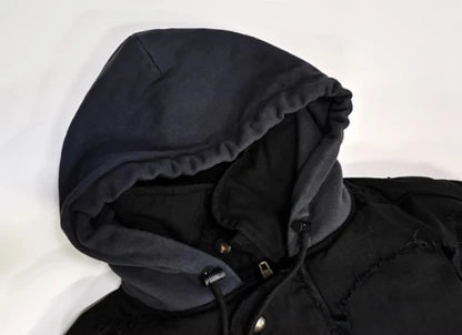 MWJLPWQ Fake Two Pieces Retro Distressed Hooded Cotton Jacket Men's New High Street Zipper Washed Hiphop Padded Winter 010528
