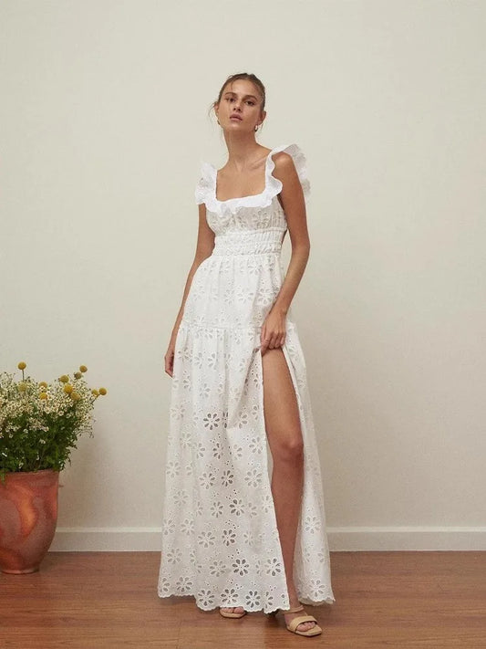 White Embroidered Hollow Out Dress For Women'S Summer Strapless Square Neck With A Unique Open Back Design, Slim Fit Long Skirt