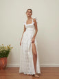 White Embroidered Hollow Out Dress For Women'S Summer Strapless Square Neck With A Unique Open Back Design, Slim Fit Long Skirt