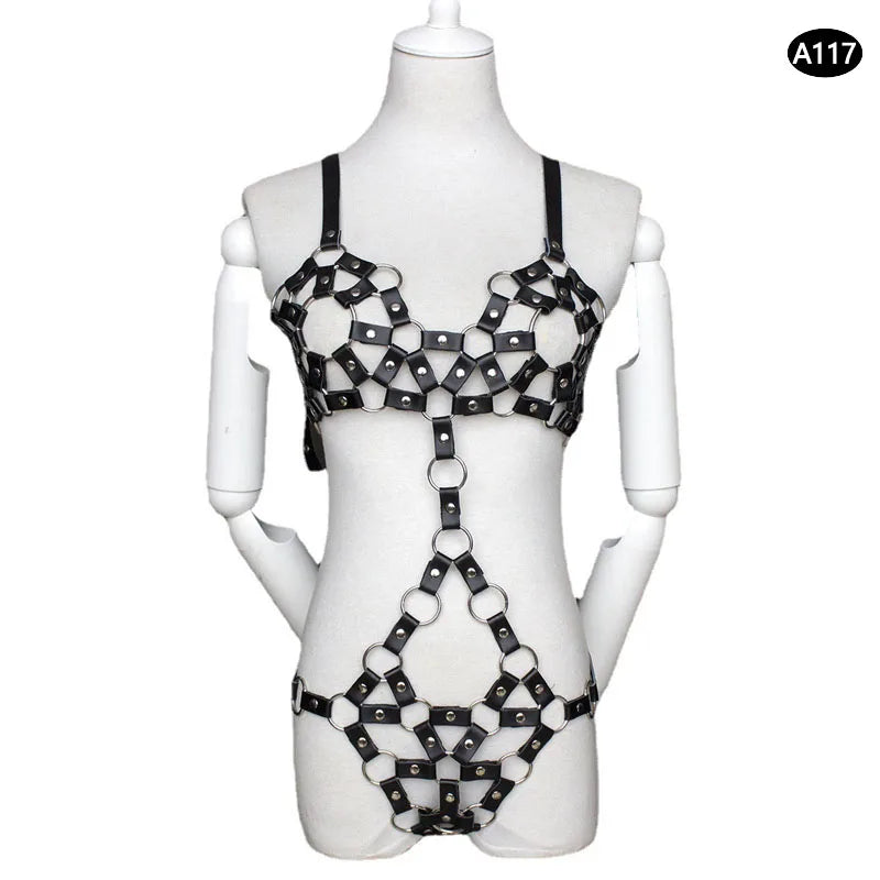 Bondage Harness Metal Leather Clothes Sexy Lingerie Bra Panty Adult Games Restraints Fetish Wear Erotic Costume BDSM Sex Toys