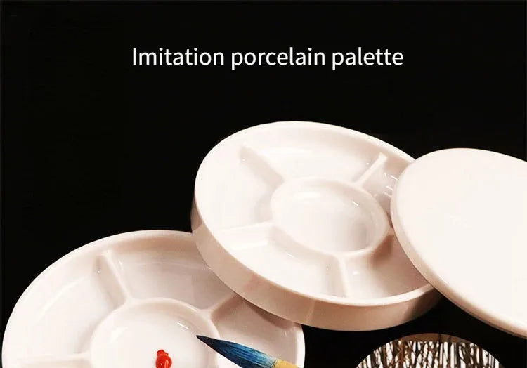 Imitation Porcelain Round Palette with Lid Acrylic Watercolor Painting Multifunctional White Paint Tray Artist Supplies