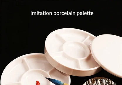 Imitation Porcelain Round Palette with Lid Acrylic Watercolor Painting Multifunctional White Paint Tray Artist Supplies