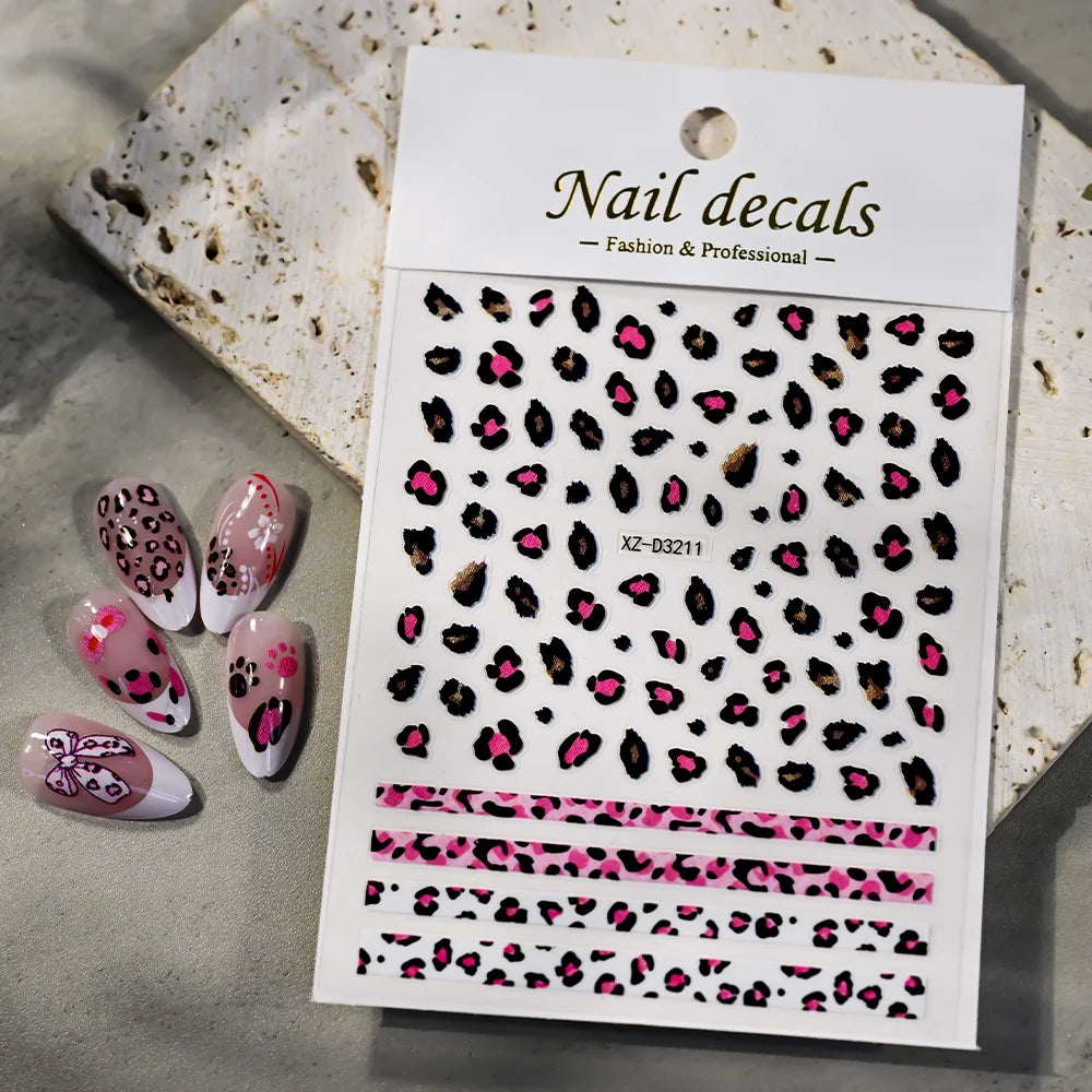 5D Pink Leopard Print Nail Art Stickers 8x10cm Pink/Black/Brown Leopard Nail Decal DIY Manicure Adhesived Leopard Slider
