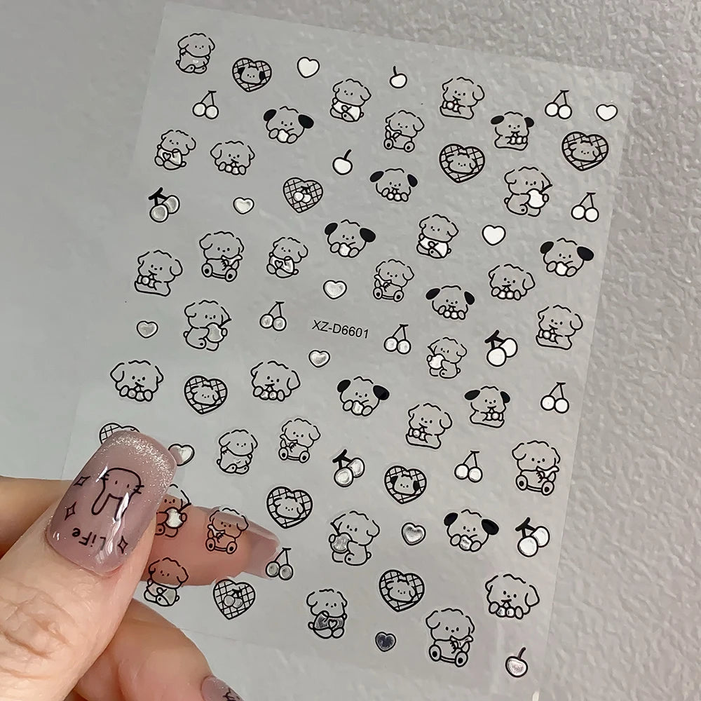 12pcs/set Cute Cartoon Dog/Cat Nail Art Stickers 3D Graffiti Black Cat Dog  Nail Decals 8*10cm Self-Adhesive Cartoon Nail Art Su