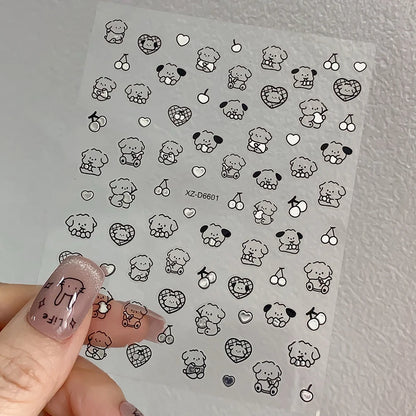 12pcs/set Cute Cartoon Dog/Cat Nail Art Stickers 3D Graffiti Black Cat Dog  Nail Decals 8*10cm Self-Adhesive Cartoon Nail Art Su