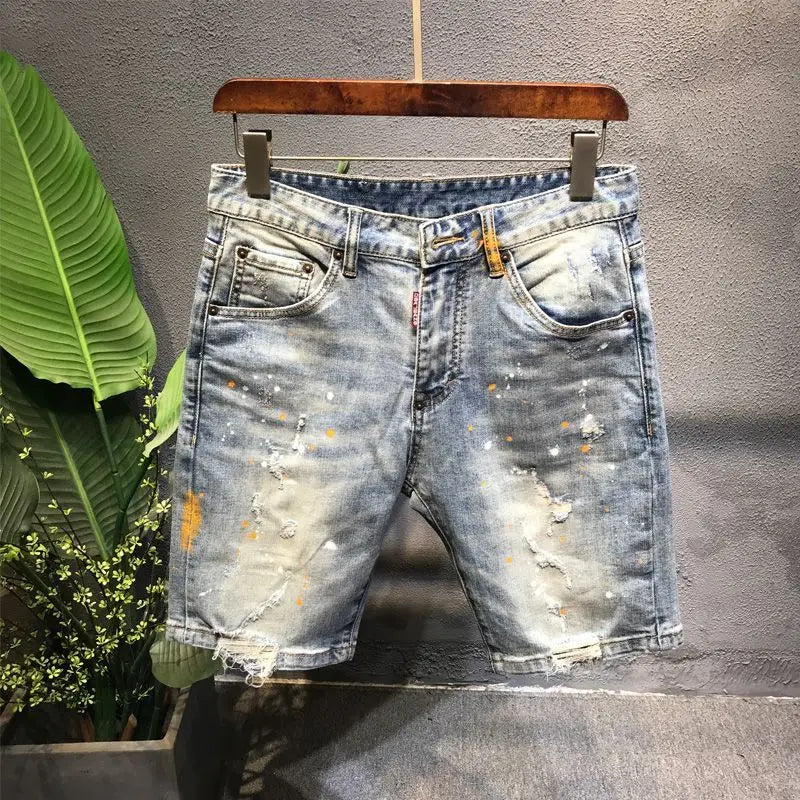 Summer Trendy Brand Handsome Denim Shorts Men's Washed Embroidered Patch Trendy Short Pants Ripped Slim-fit Elastic Middle Pants