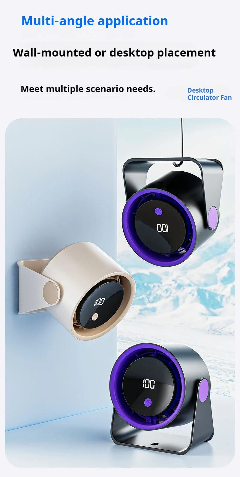 Desktop Fan 180degree Rotation Low-noise Silent Fan LED Display Large-capacity Home Mini Desktop Wall-mounted Fan 1800mAh