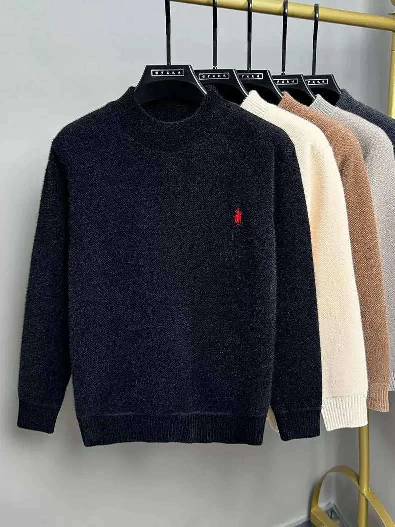 High end brand velvet sweater men's new designer fashion exquisite pony embroidery winter thick warm round neck knitted pullover
