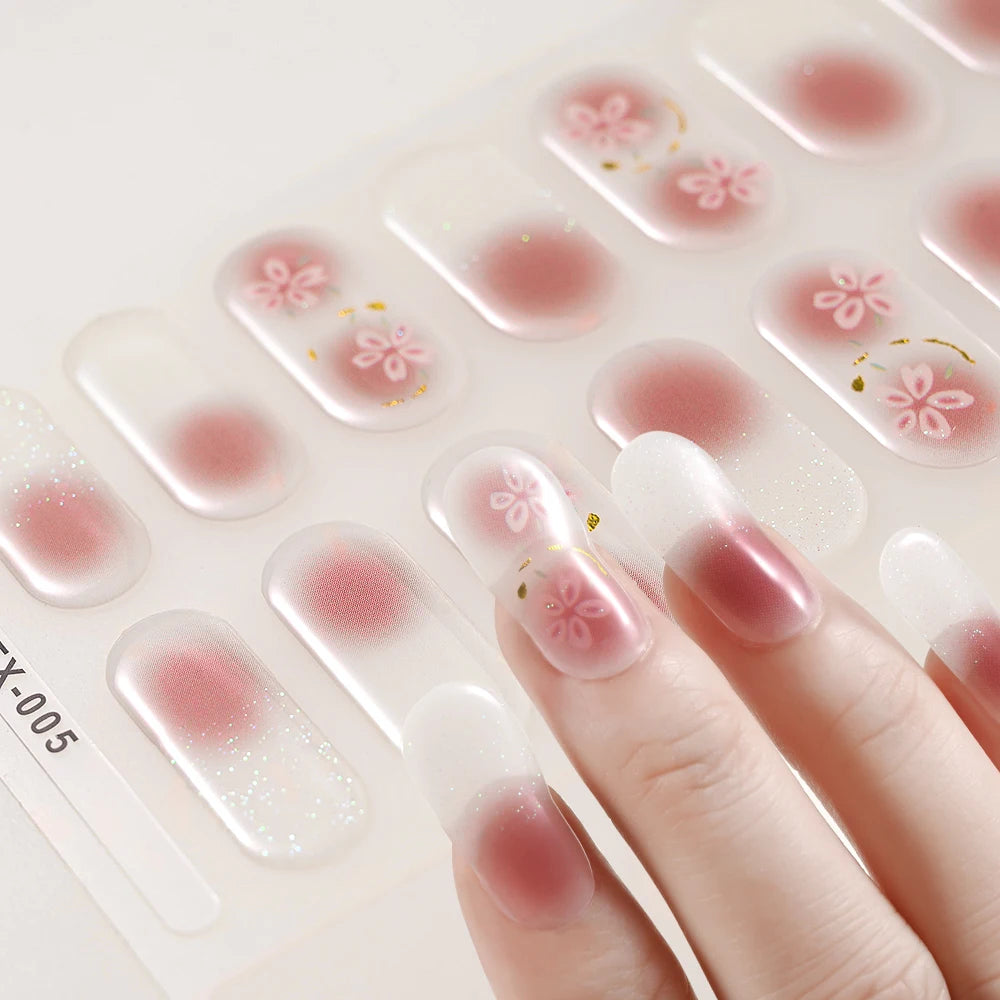 1Sheet Cured Gel Nail Strips Sticker Long-Lasting Nail Polish Strips Wraps Full Cover Gel Nail Art Stickers UV/LED Lamp Required