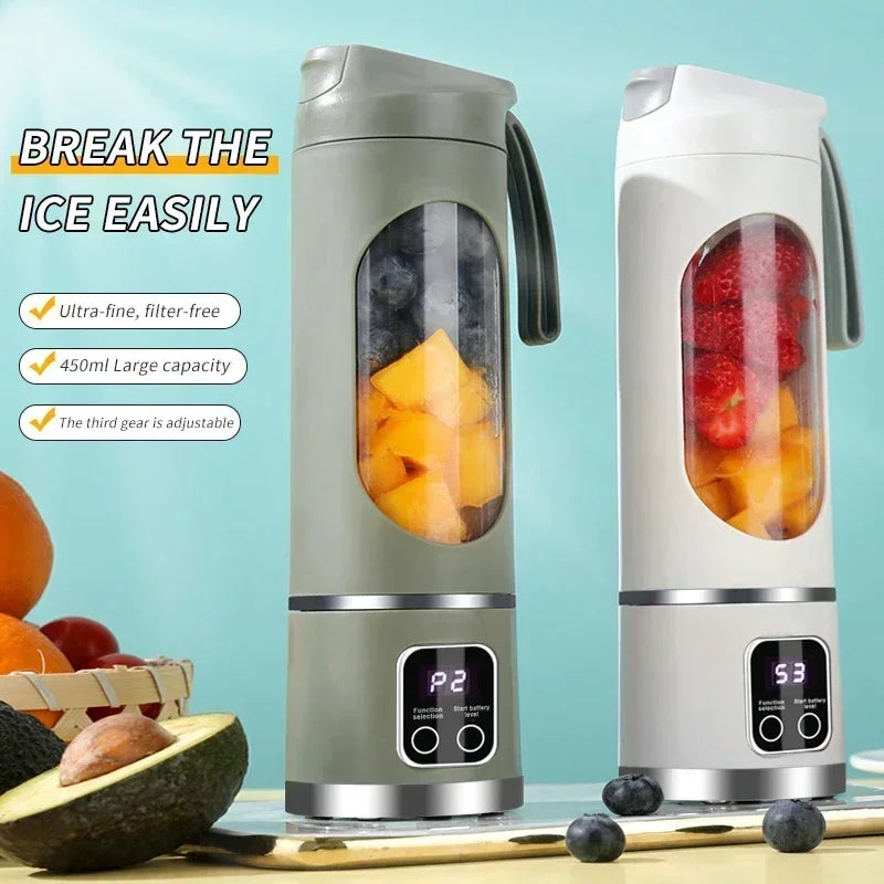 10 ašmenų nešiojamas vaisių sulčiaspaudė, 450 ml talpa, 3 pavaros, įkraunamas per USB, trintuvas, ledo smulkintuvas kokteiliams ir tirštiesiems kokteiliams, sulčiaspaudės puodelis