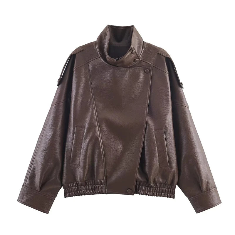 Women's Faux Leather Jacket 2025 New Fashion Autumn Black Long Sleeve Pebble Jacket Motorcycle Style Personality Ladies Jacket