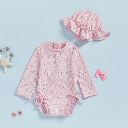 Infant Baby Girl Eyelet Swimsuit with Swimming Hat Toddler 2 Pcs Set Long Sleeve Round Neck Ruffled Romper Kids Bathing Suit