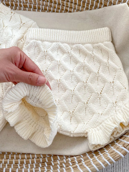 New Baby Girl Autumn Sweater Coat Hollow Knitted Air Conditioner Set Solid Cardigan Shorts Two Piece Set