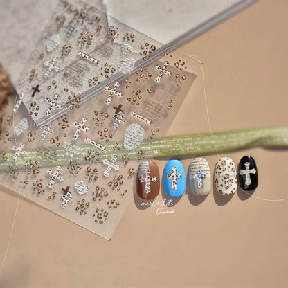 Gold Silver Metal Nail Stickers Dark Retro High-end Cross Nail Art Accessories Sticker Back Blue Nails 3D Decorations Decals DIY