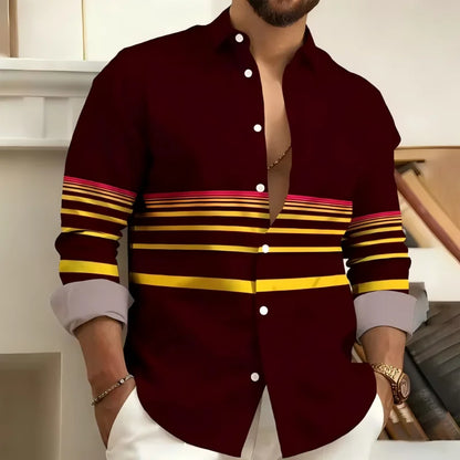 Striped Printed Men's Long Sleeved Shirt, Casual and Comfortable, Fashionable and Trendy, Street Outdoor, Soft Fabric
