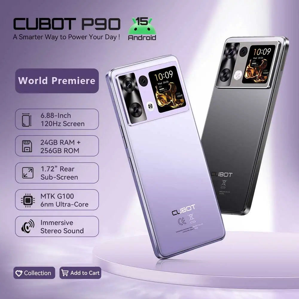 Smartphone Android 15 Cubot P90, 6.88-Inch 120Hz Screen, 24GB RAM+256GB ROM, G100 Octa-core, 2.2GHz, 64MP, 5100mAh,NFC, 4G Phone