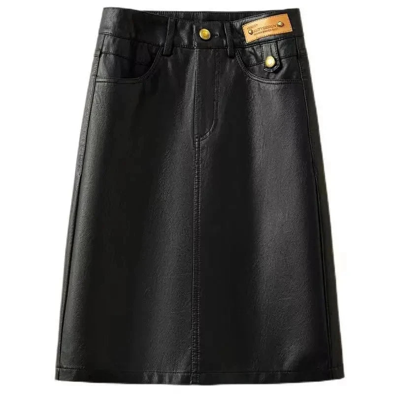 Spring Autumn Winter Leather Skirt Women New Fashion Black Brown High Waist PU A-Line Skirts Large Size S-5XL Female Midi Skirts