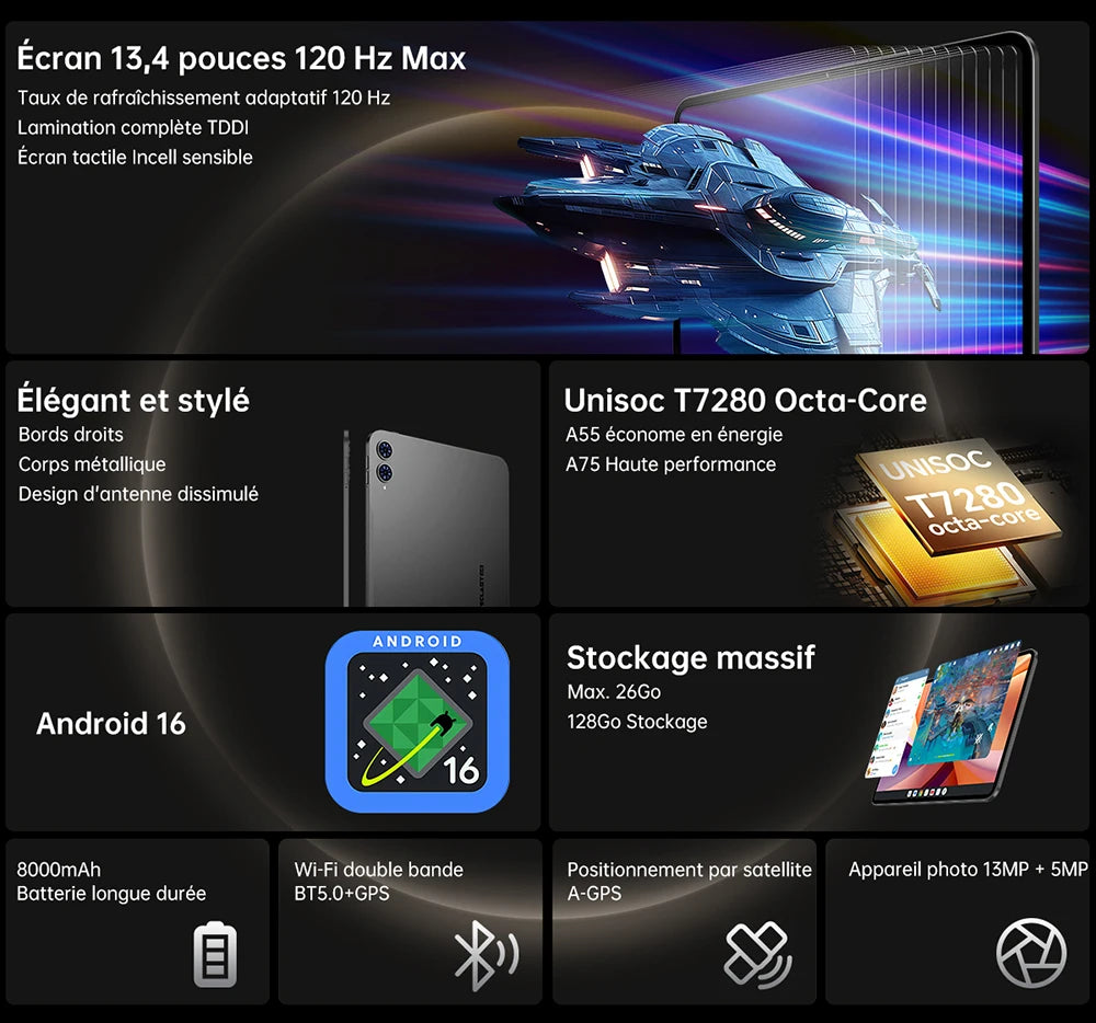 Teclast T65 Android 16 Tablet 13.4 Inch 1920X1200 120Hz T7280 8 Cores (6+20)Max 26Gb Ram 128Gb Rom 4g Lte 8000Mah 13Mp+5Mp
