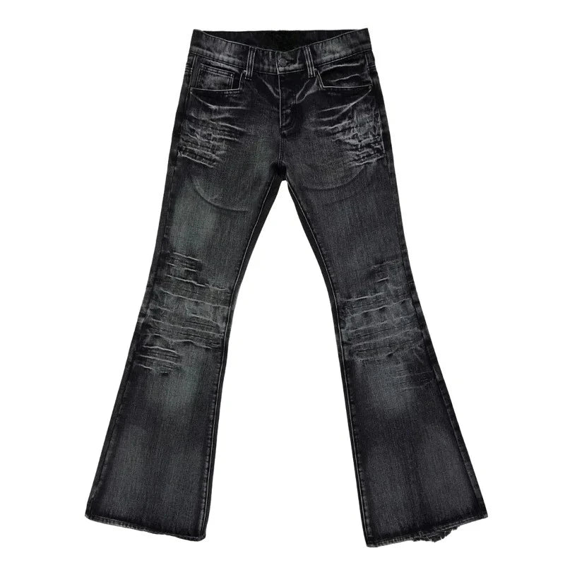 Y2K Vintage Flared Jeans Mid Blue Washed Men Women Bootcut Jeans American Hip Hop Distressed Streetwear Unisex Wide Leg Pants