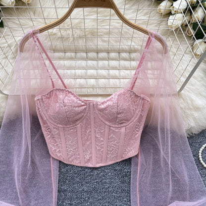 Women Chic Lace Mesh Sheer  Long Sleeve Backless Crop Top Solid Slim Sexy Korean Fashion Summer Women Shirt Square Collar