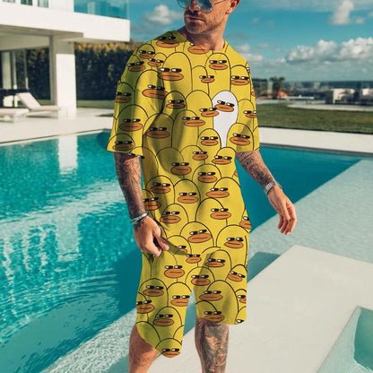 Cute duck 3D printed T-shirt shorts set for men's casual fashion loose short sleeved T-shirt pants set for men's lightweight and