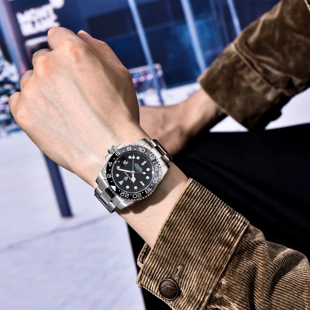 PAGANI DESIGN 40MM Black Gray Dual Tone Automatic Mechanical GMT WATCH Sapphire Glass Stainle Steel Sports luminous Watches men