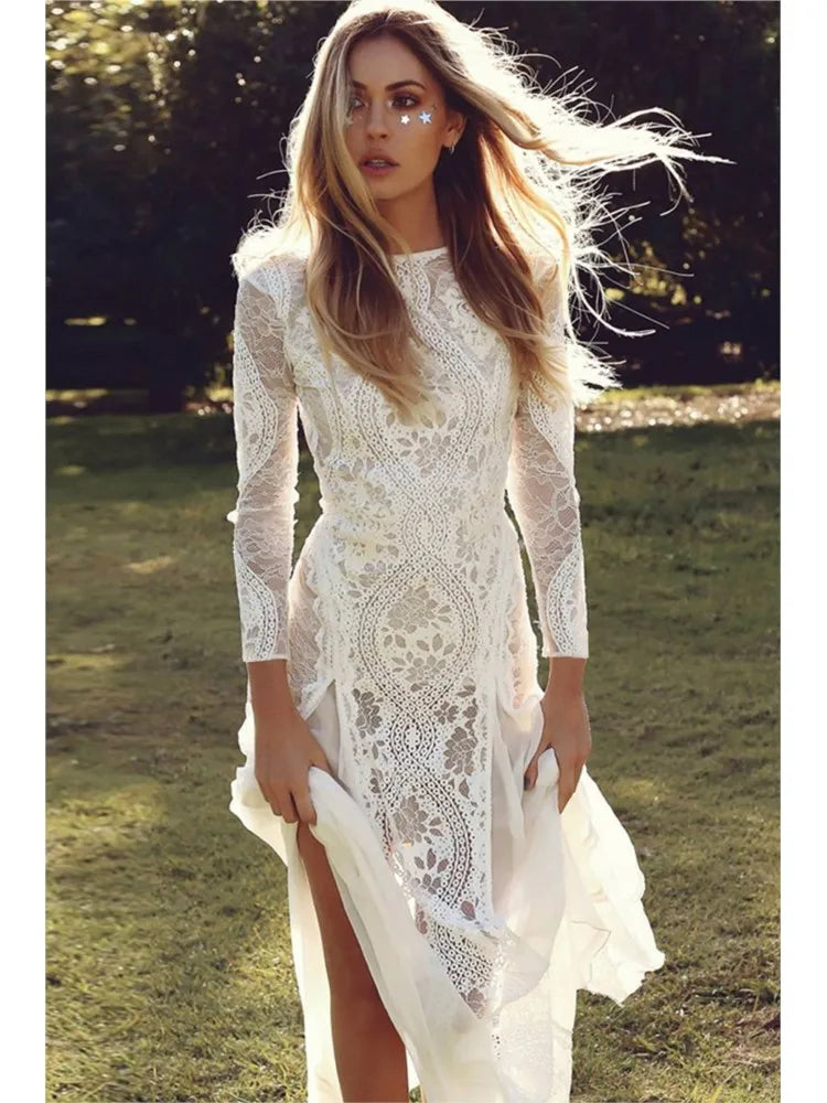 Foreign Style Evening Dress Woman's Sexy Lace Patchwork Backless Wedding Dresses Ladies Elegant Long Sleeves Party Prom Vestidos