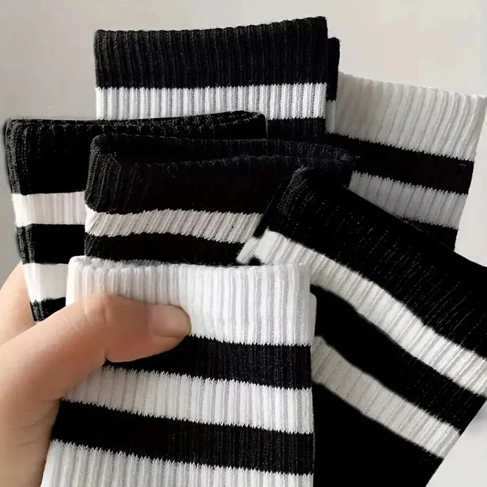 6/10 Pairs Men's Socks Spring Autumn Simple Casual Black White Striped Socks Breathable Mid Tube Sock High-quality Round Neck