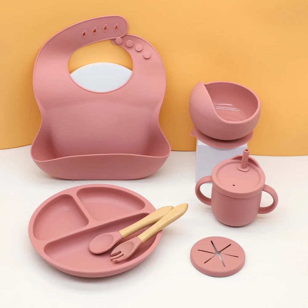 7pcs baby silicone tableware set, bib, dining plate, bowl with suction cup, 2-in-1 water cup, snack cup, wooden spoon and fork