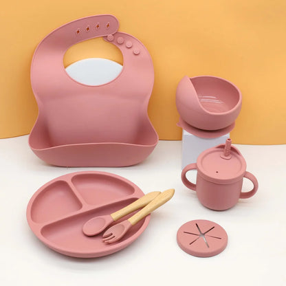 7pcs baby silicone tableware set, bib, dining plate, bowl with suction cup, 2-in-1 water cup, snack cup, wooden spoon and fork