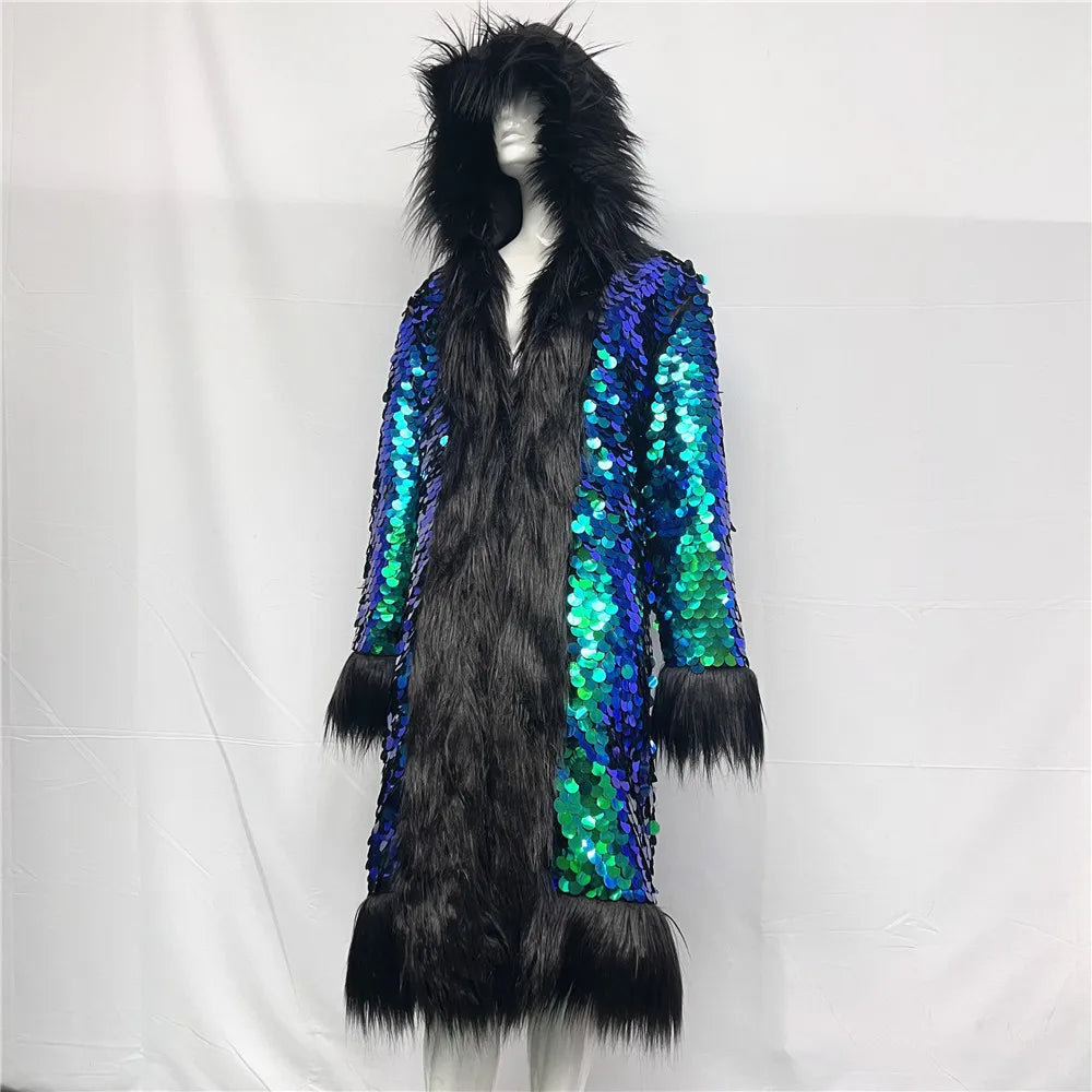 Patchwork Women Hooded Faux Fur Coat Fox Fur Long Sleeve Thick Warm Fur Outerwear Spliced Party Stage Loose Fit Sequined