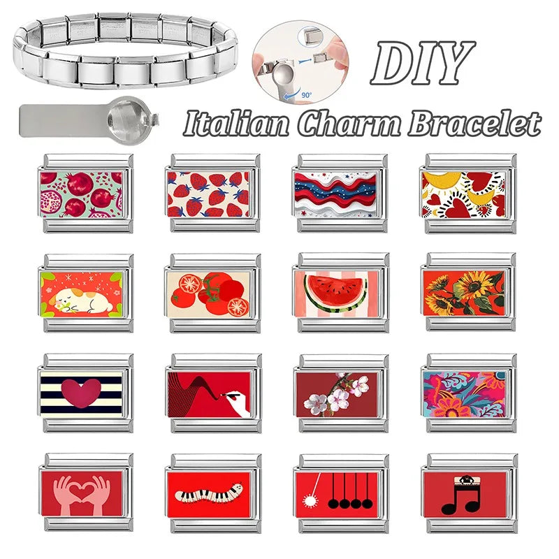 Wholesale Fashion Personalized DIY Red Color Italian Charm Bracelet Watermelon Tomato Bead 9mm Bracelet Stainless Steel Jewelrys