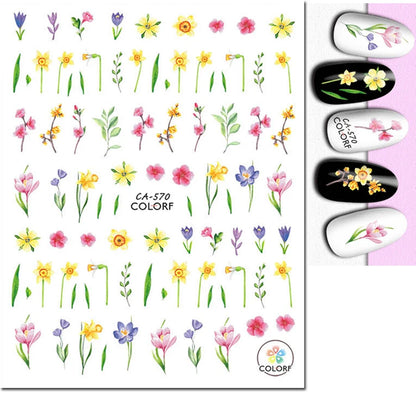 3d Nail Art Decals Watercolor Florals Purple Green Pink Flowers Leafs Fruit Adhesive Sliders Nail Stickers For Manicure