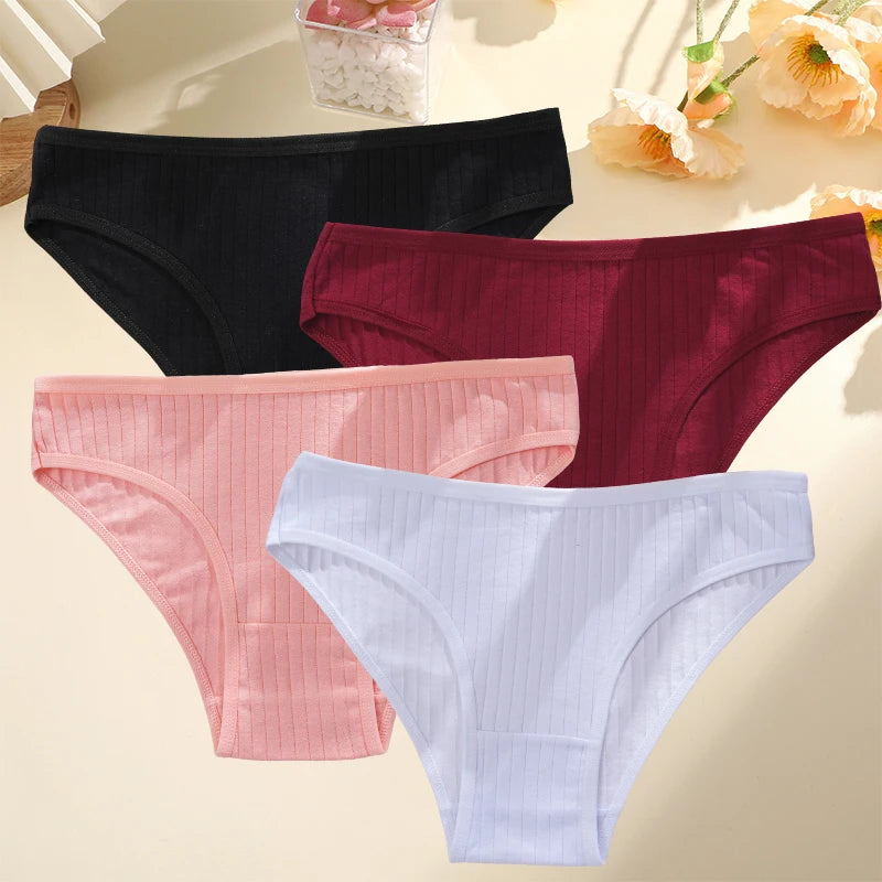 4PCS/SET Women's Cotton Panties Sexy Soft Striped Underpants 12 Solid Color Briefs Female Comfortable Stretch Lingerie M-XL
