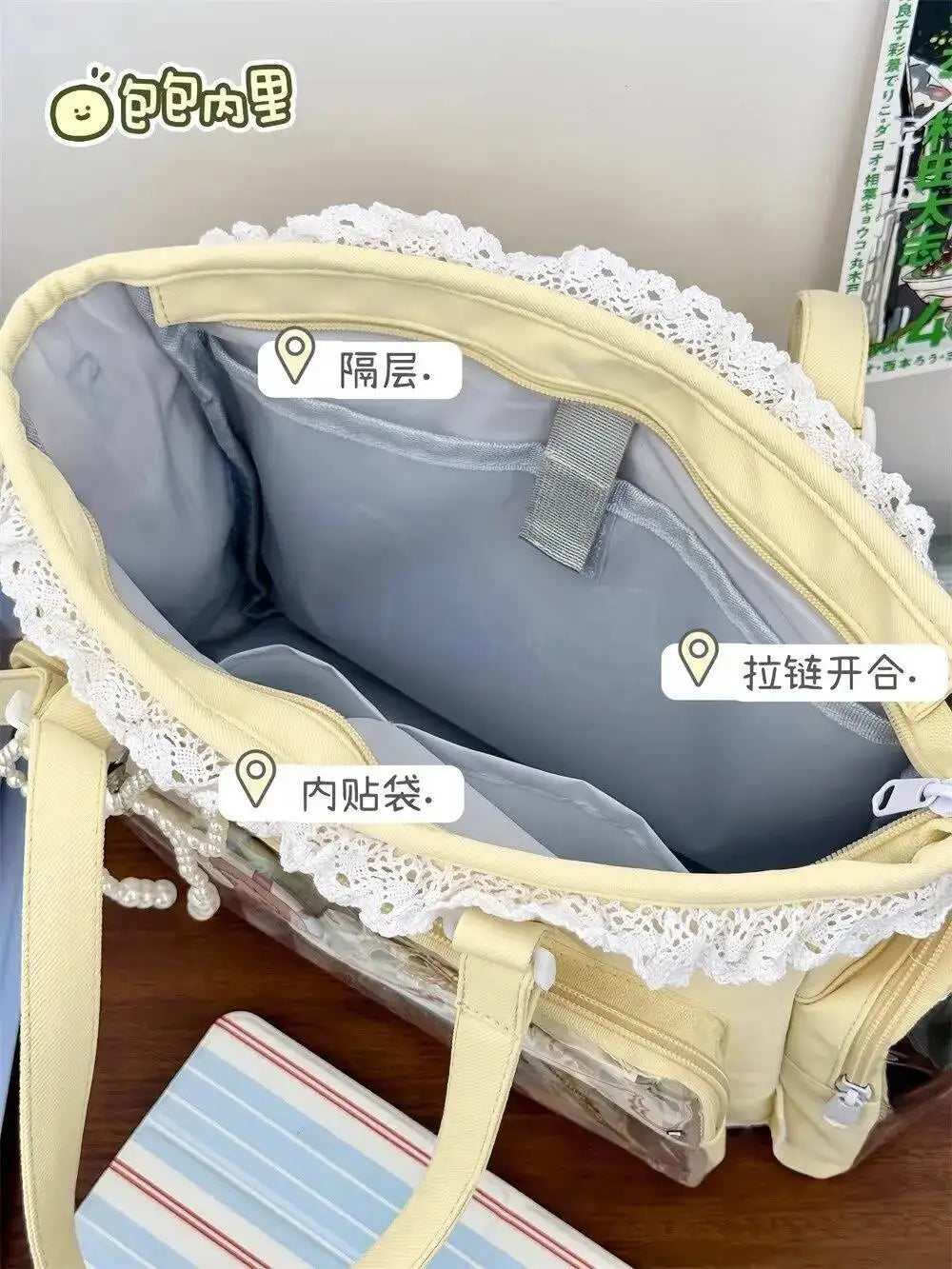 Japanese Sweet Women Ribbon Ita Bag Cute Lolita Girl Transparent Handbags Fashion Large Capacity Tote Bag Aesthetic Shoulder Bag