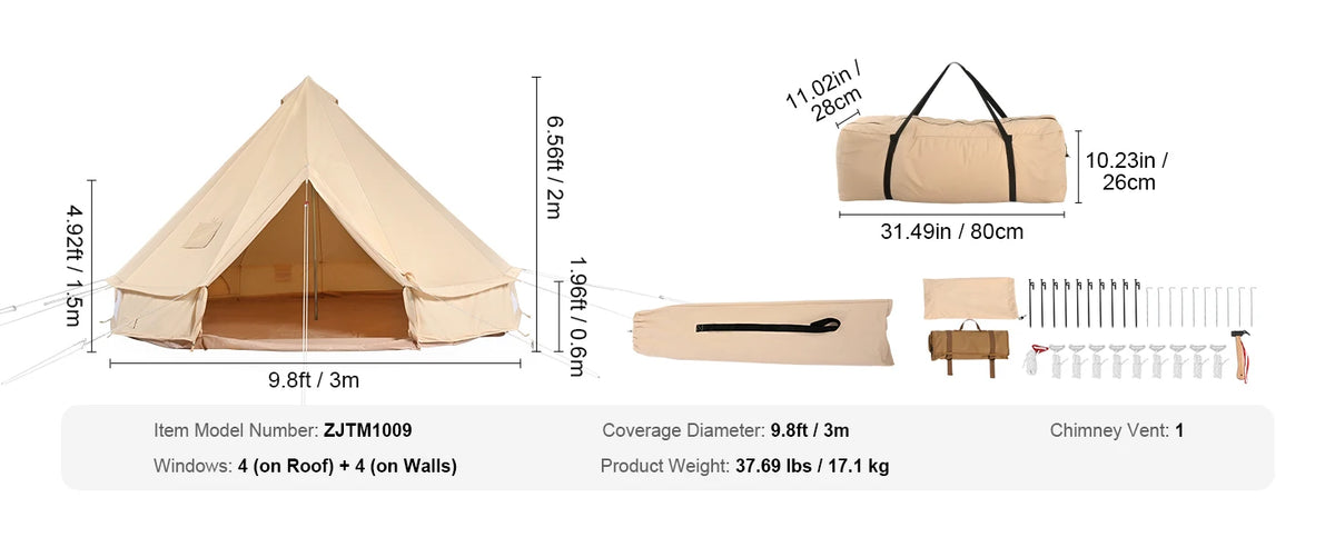 SucceBuy Canvas Bell Tent 4 Seasons 9.8ft Yurt Tent Canvas Tent for Camping with Stove Jack Breathable Tent Holds up to 4 People