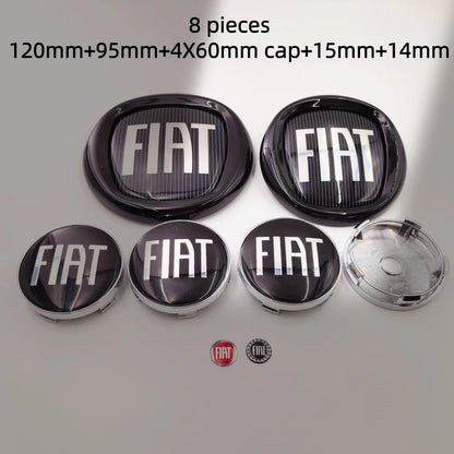 8pcs Fiat 500 Car Front Hood Emblem Rear Trunk Badge 95mm 120mm 12cm Wheel Center Logo Hub Cap 50mm 56mm 60mm 5cm 6cm