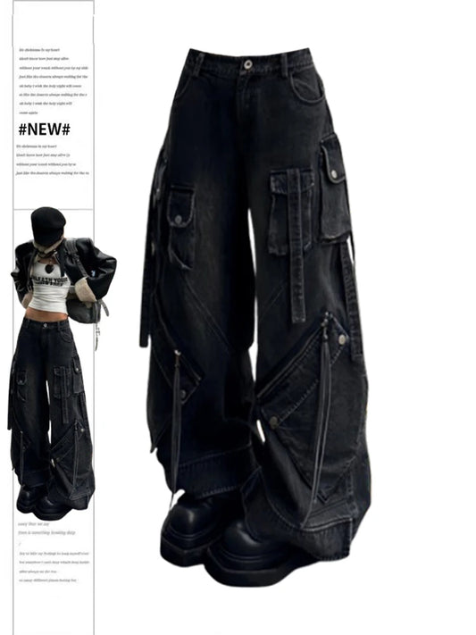 Women's Black Gothic Baggy Cargo Jeans Harajuku Oversize Denim Trousers Y2k 90s Vintage 2000s Jean Pants Women Clothes