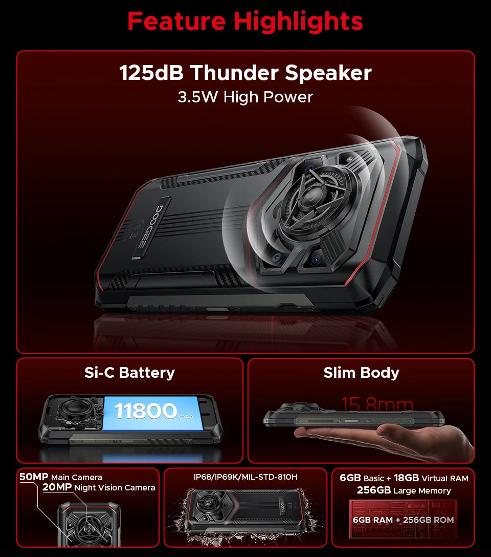 DOOGEE Blade20 Pro Rugged Phone 125dB Speaker Gemini AI 11800mAh Battery 6.6'' Display Android 15 Global Version Smartphone NFC