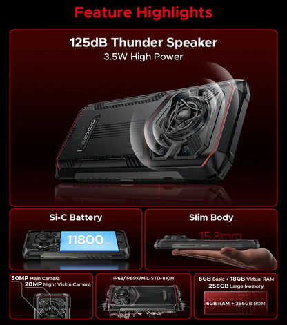 DOOGEE Blade20 Pro Rugged Phone 125dB Speaker Gemini AI 11800mAh Battery 6.6'' Display Android 15 Global Version Smartphone NFC