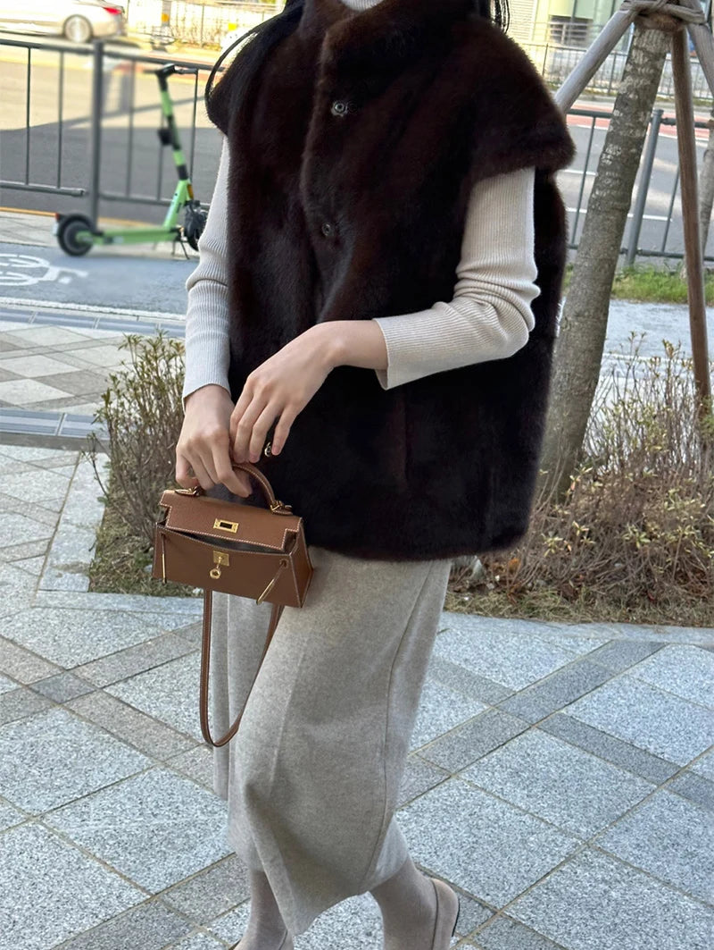 Women's Autumn Winter Faux Mink Hair Stand Collar Sleeveless Loose Vest Jacket Lady Streetwear Single Breasted Faux Fur Vest Top