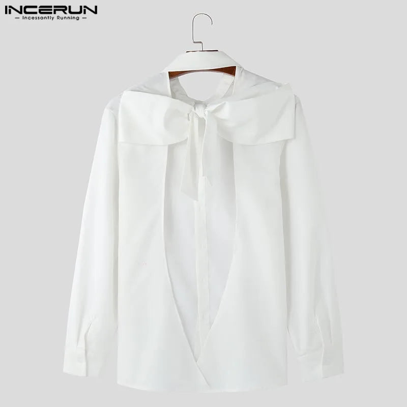 INCERUN Fashion New Men's Tops Backless Bow Design Shirt Sexy Casual Male Solid Comfortable Long Sleeved Lapel Blouse S-5XL 2025