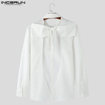 INCERUN Fashion New Men's Tops Backless Bow Design Shirt Sexy Casual Male Solid Comfortable Long Sleeved Lapel Blouse S-5XL 2025