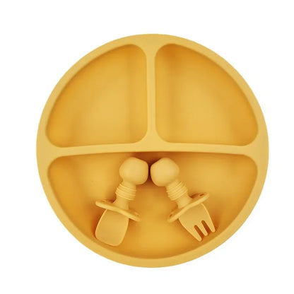 BPA Free Silicone Baby Plate with Spoon Fork Bibs Children Dishes Safe Baby Dining Plate with Suction Smile Face Plates for Kids