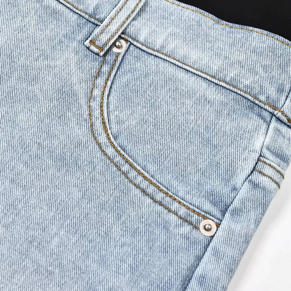 LGRQ Denim Patchwork Pants For Women Fashion New High Waist Contrast Color Belt Straight Pant Female 2026 Summer New 17A2013H