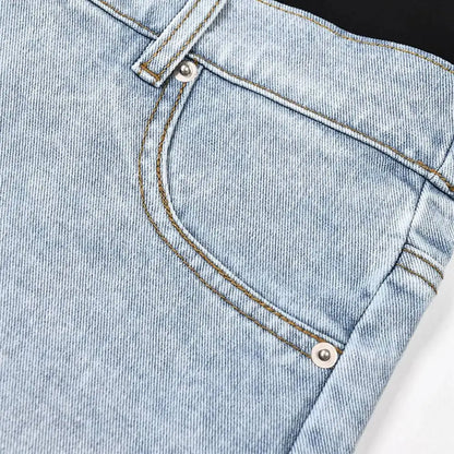 LGRQ Denim Patchwork Pants For Women Fashion New High Waist Contrast Color Belt Straight Pant Female 2026 Summer New 17A2013H